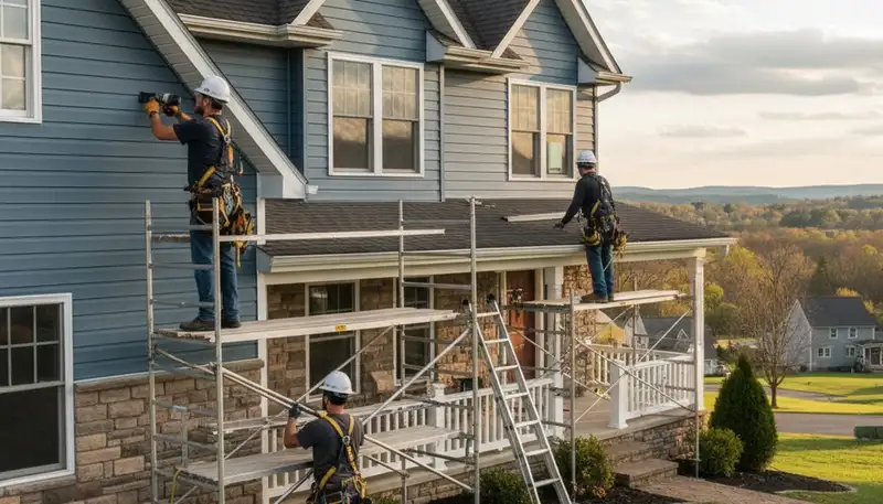 Pittsburgh, PA siding contractor installing vinyl siding on a home