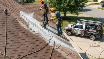 Roof cleaning service in Pittsburgh, PA removing moss and algae from a home roof
