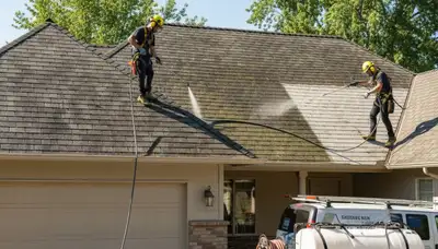 Roof cleaning service in Pittsburgh, PA removes moss and grime from a residential roof