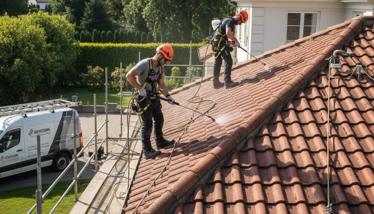 Roof cleaning service in Pittsburgh, PA removing moss and grime from a residential roof